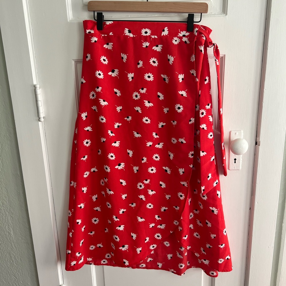 Red Floral Faux Wrap Front MIDI Skirt